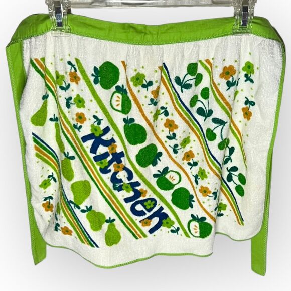 Vintage 1970s Royal Terry Kitchen Apples & Pears Green & White Terry Cloth Apron - Picture 5 of 12